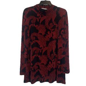 Susan Graver Womens Black Red Mock Neck Long Sleeve Side Slit Tunic Blouse Top L